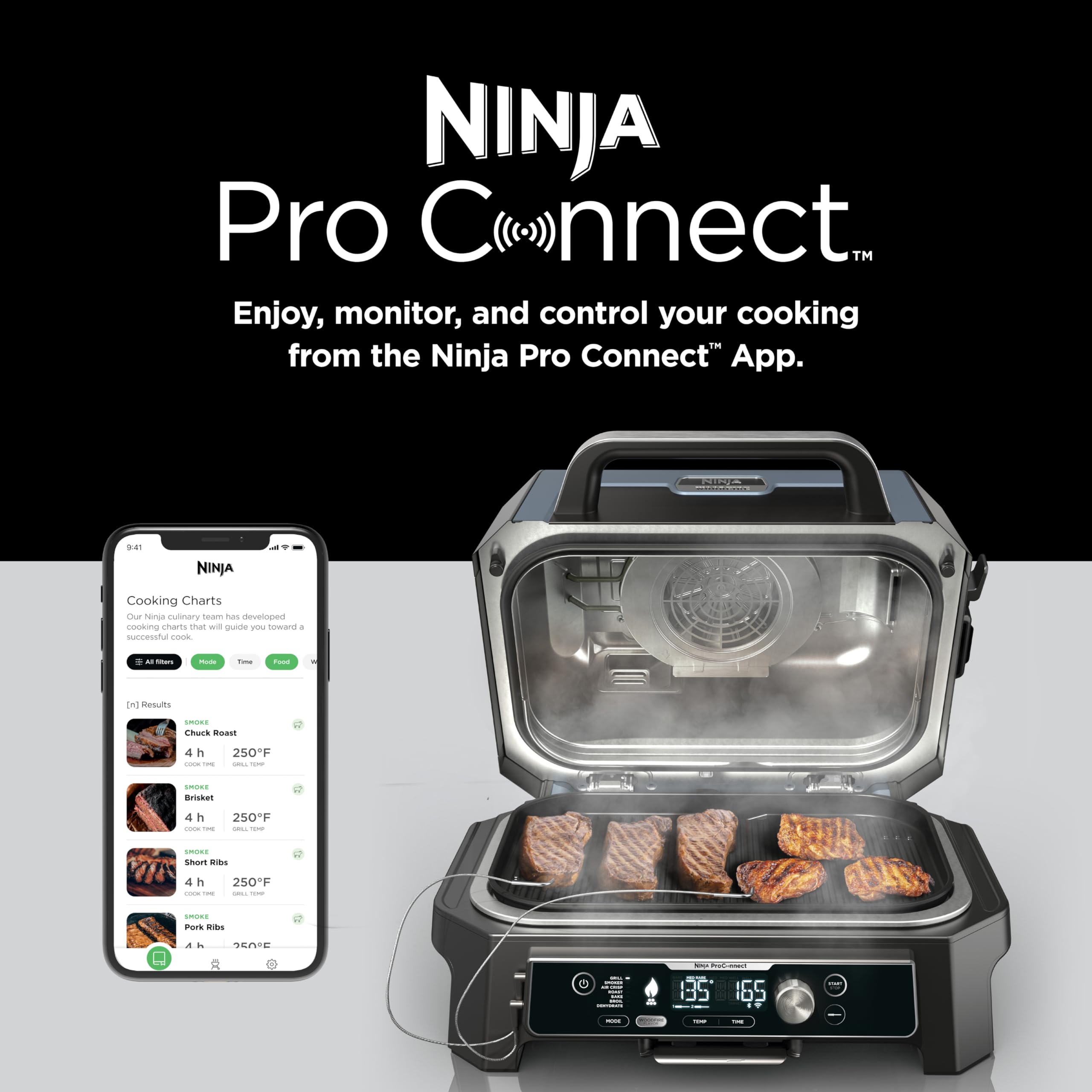 باربیکیو و اسموکر هوشمند نینجا مدل Woodfire Pro Connect XL OG951 | گریل 7 کاره بلوتوثی و ایر فرایر فضای باز - Image 6