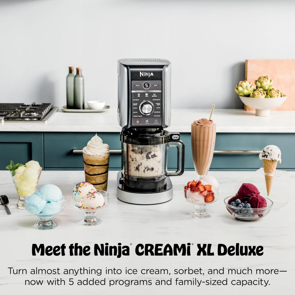 دستگاه بستنی ساز نینجا CREAMi Deluxe | 11 کاره برای تهیه دسر یخ زده، سوربه، میلک شیک، ماست و موارد دیگر | شامل 2 مخزن XL 24 اونسی قابل شستشو در ماشین ظرفشویی با درب نگهداری NC501