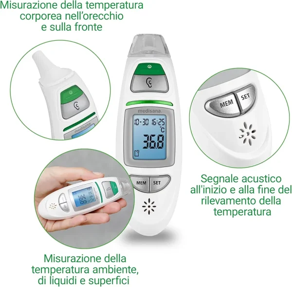 تب سنج دیجیتال Medisana TM 750 شش‌کاره با اندازه‌گیری دمای گوش و پیشانی و هشدار تب - تصویر 3