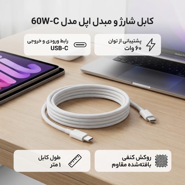 کابل USB-C به USB-C اپل 60 وات مدل MQKJ3ZM/A طول 1 متر (اورجینال) - تصویر 3